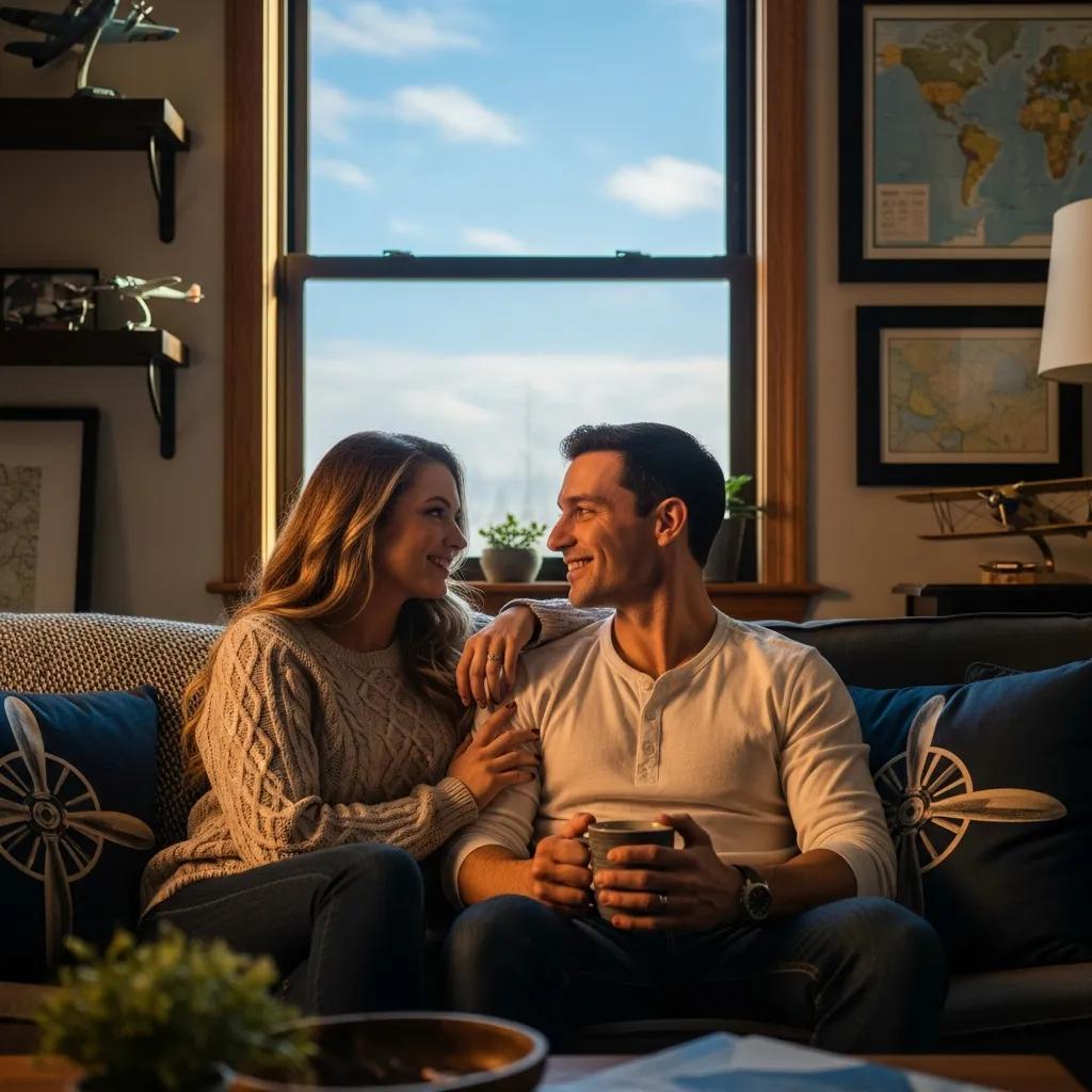 Pilot couple sharing a warm moment at home, symbolizing connection and support in aviation relationships
