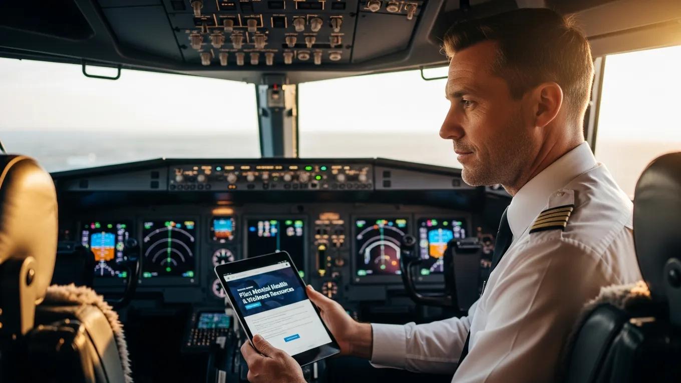 Pilot in cockpit reviewing mental health resources, emphasizing FAA medical certification