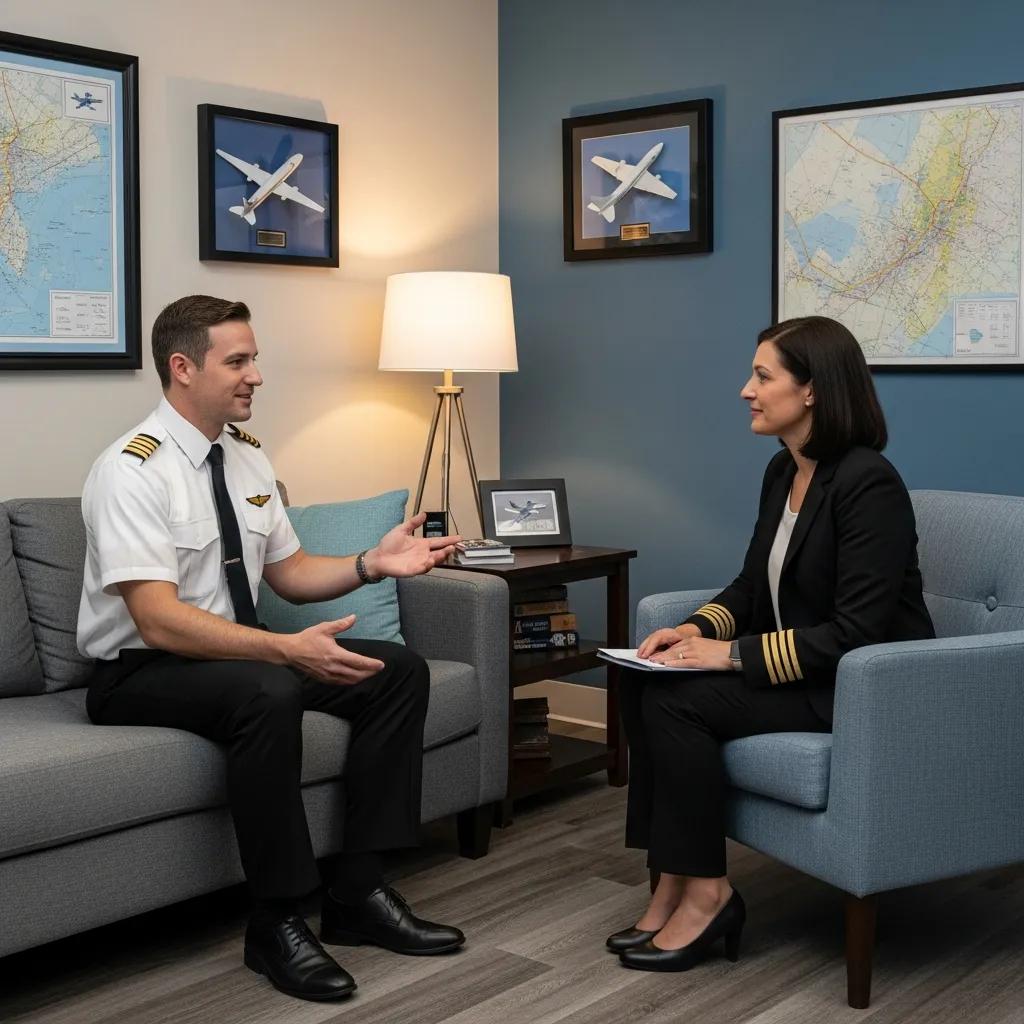 Pilot in therapy session discussing mental health challenges in a calming environment