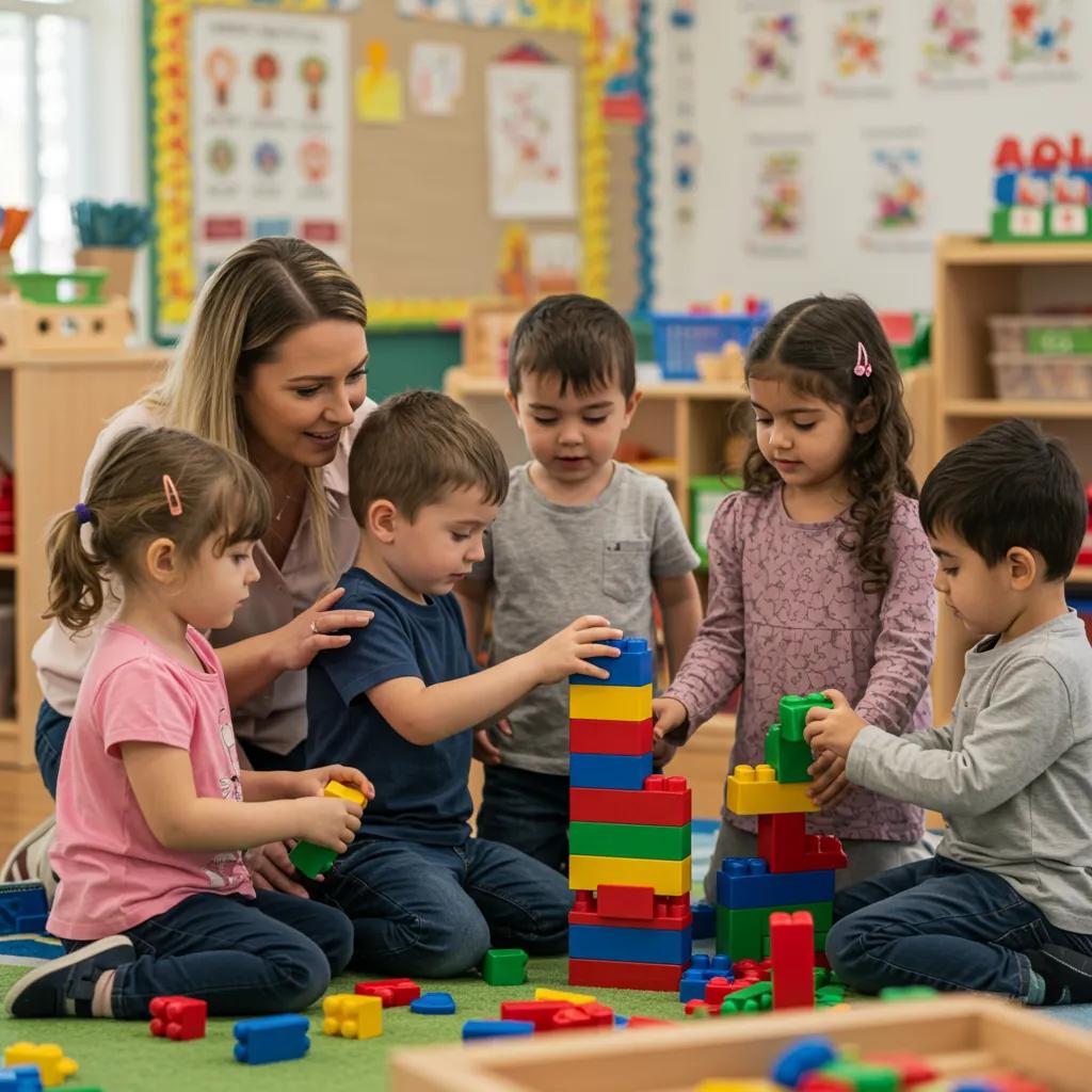 Preschool children and a teacher engaging in cooperative play, highlighting the importance of relationships in early education