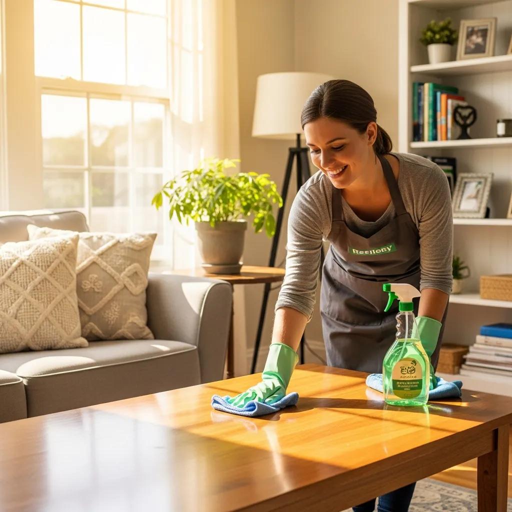 Professional cleaner in a bright living room using eco-friendly products, showcasing the benefits of recurring cleaning services