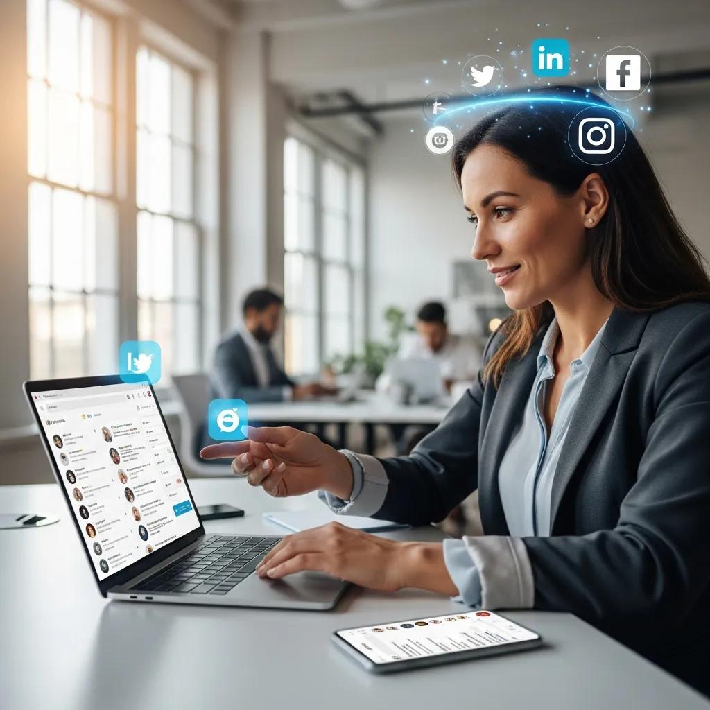 Professional engaging with clients through social media in a modern office