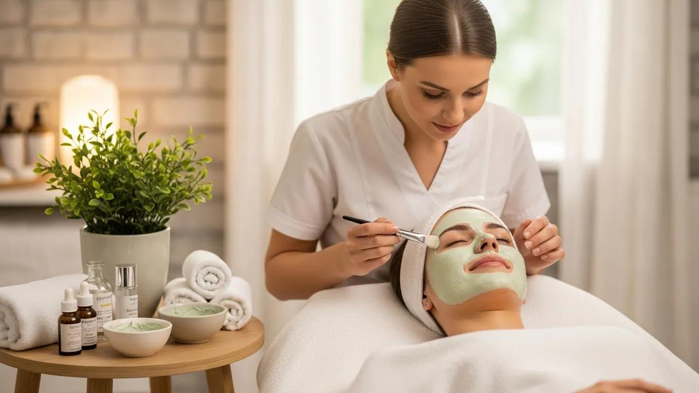 Professional facial treatment in a calming spa environment, highlighting skincare and relaxation