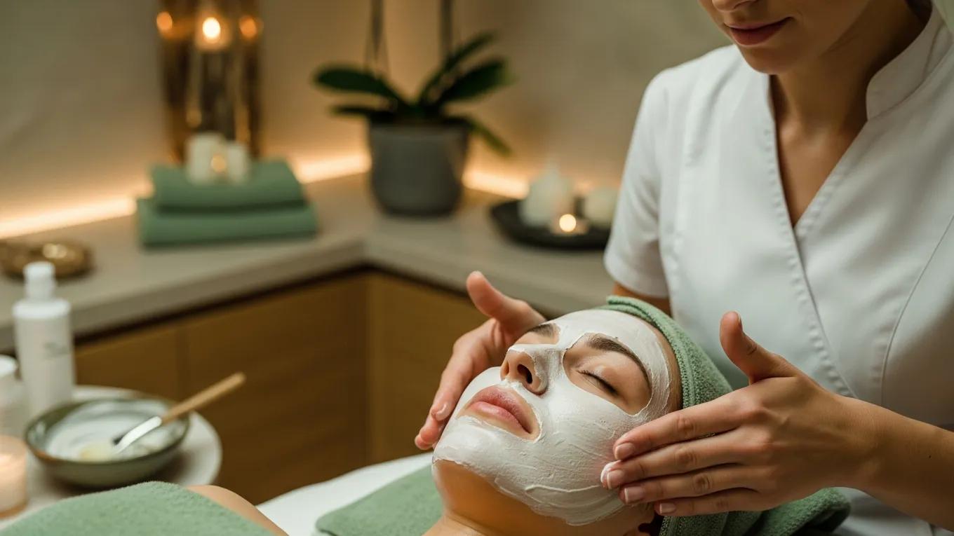 Professional facial treatment in a serene spa setting, highlighting skincare and wellness