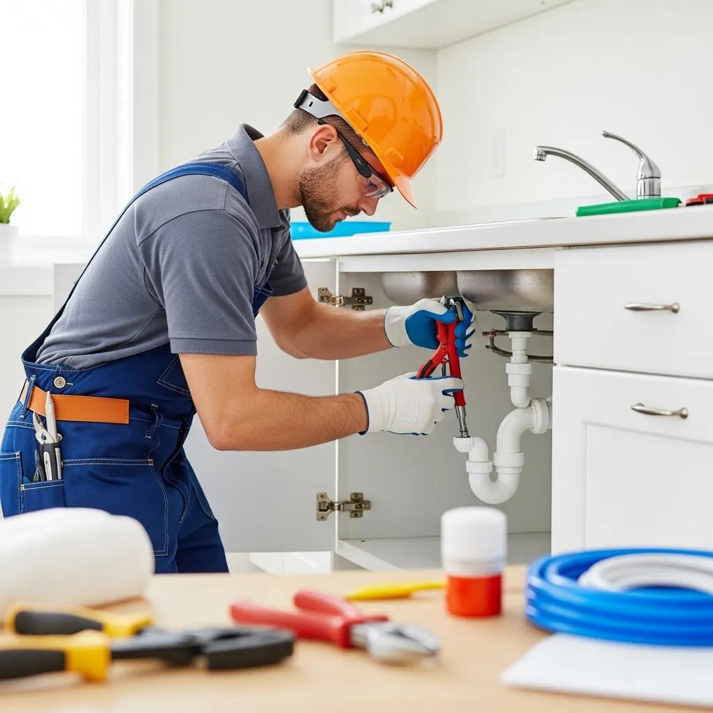Professional plumber fixing a pipe under a kitchen sink, representing plumbing services in Belpre, OH and Parkersburg, WV
