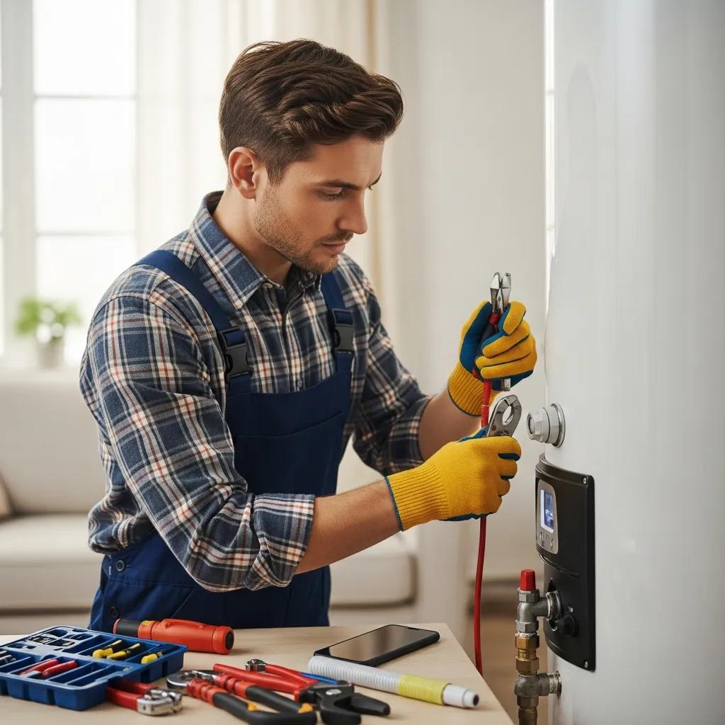 Professional plumber repairing a water heater in a cozy home environment