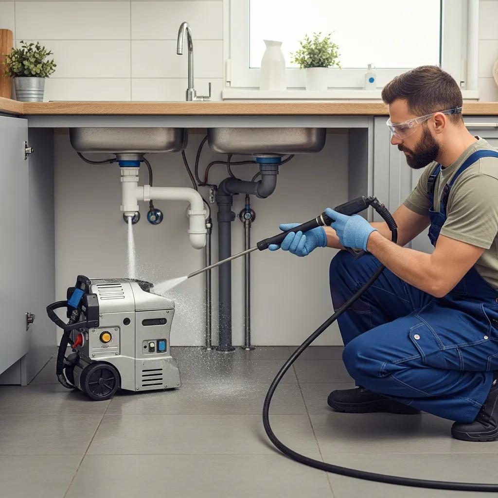 Professional plumber using hydro-jetting for drain cleaning in a modern kitchen
