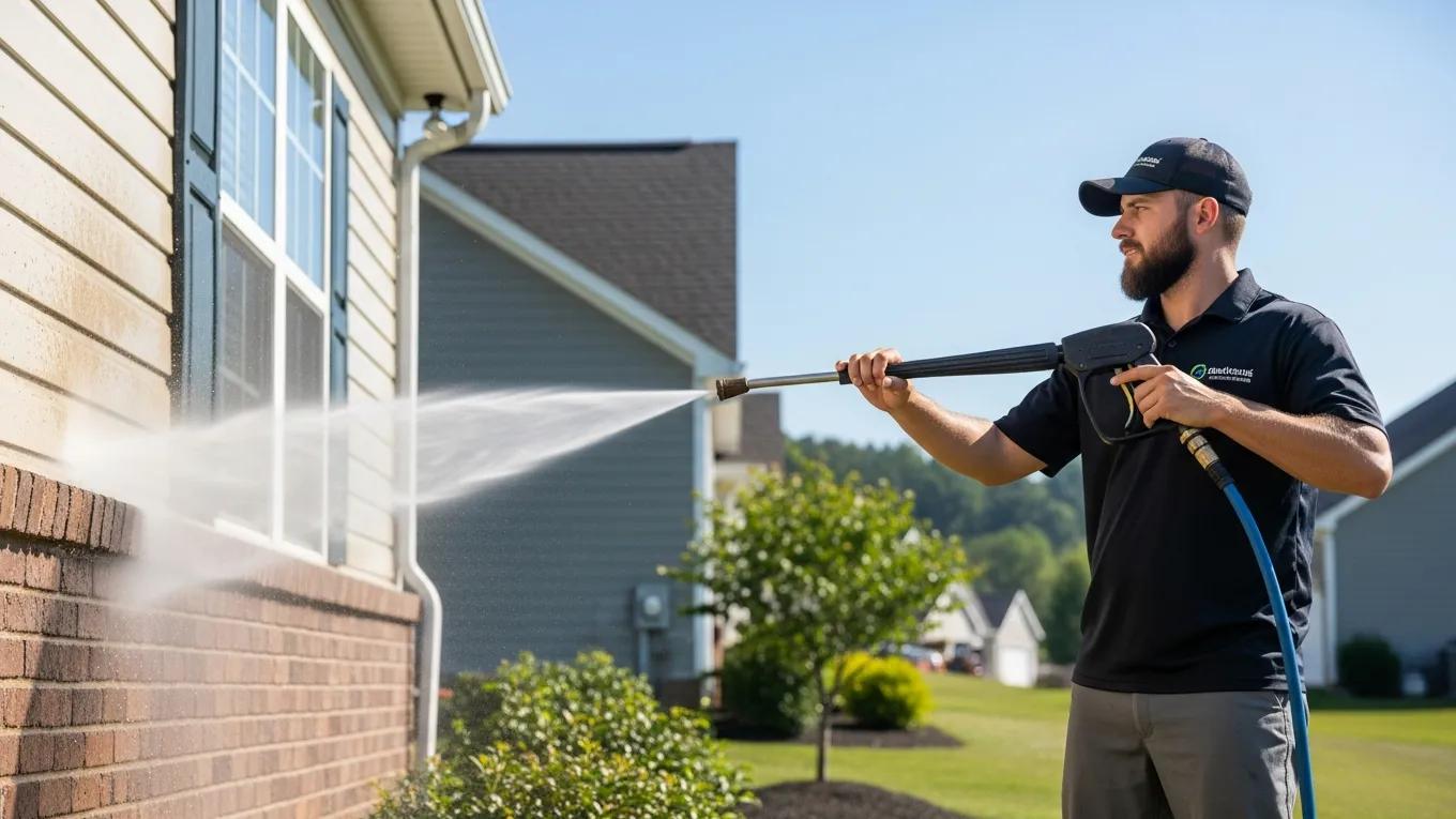 Professional pressure washing service in South Hills, Charleston, WV, showcasing a technician cleaning a residential home exterior