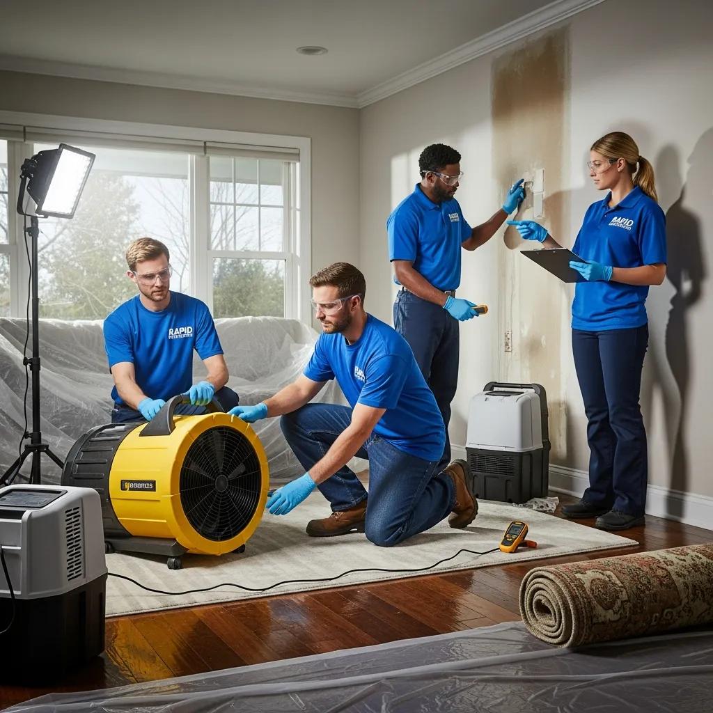 Professional restoration team working on water damage in a residential property