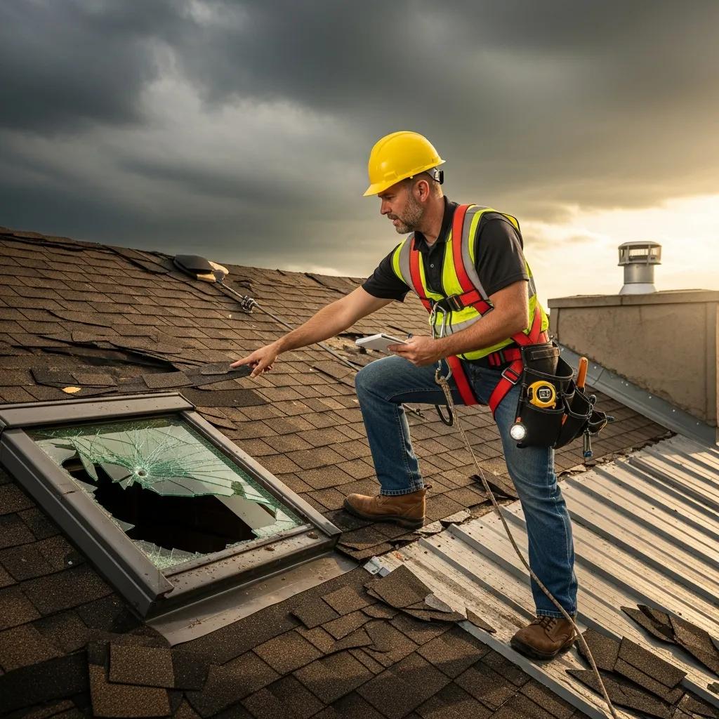 Professional roofing inspector assessing storm damage on a roof