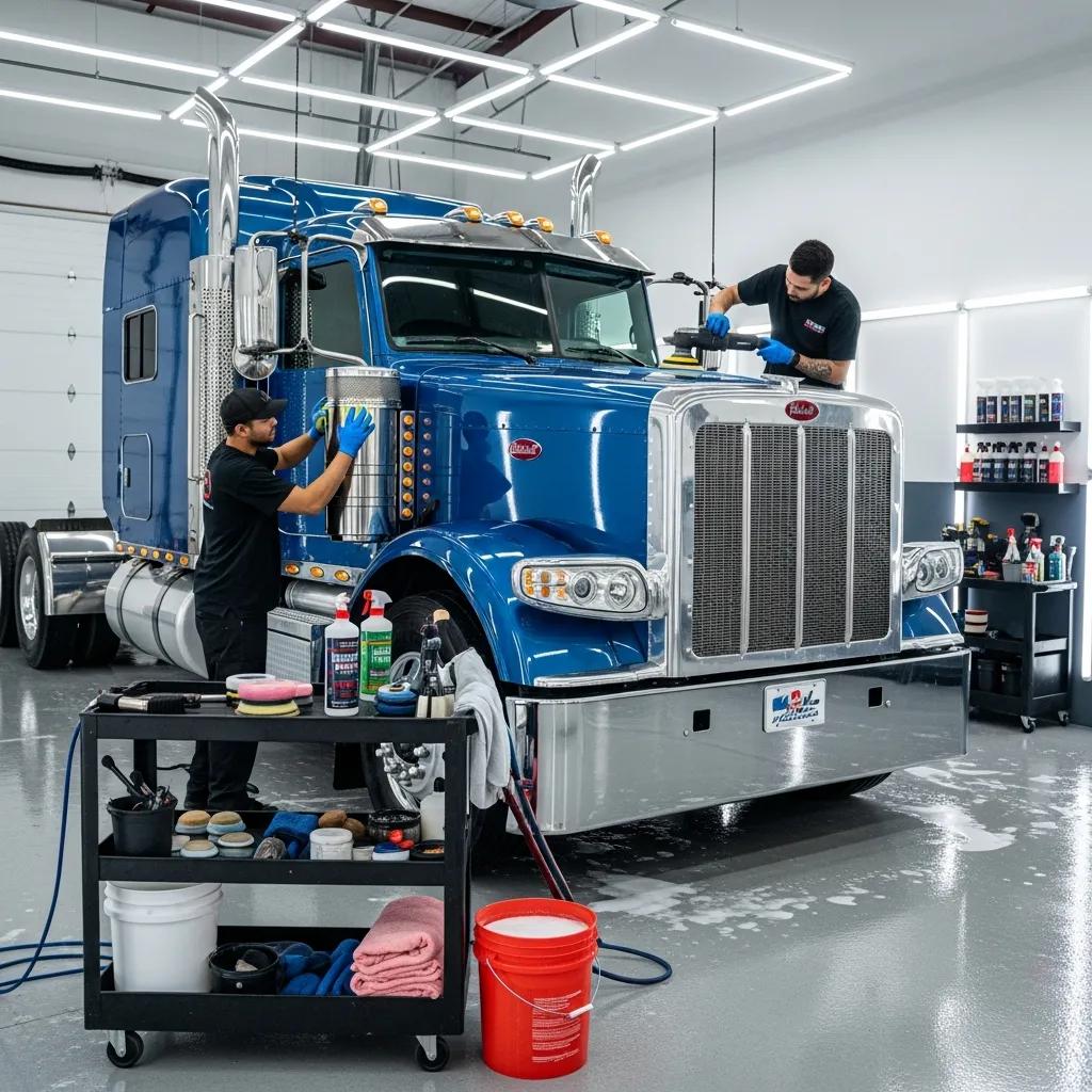 Professional semi truck detailing service showcasing a shiny truck in a clean garage environment