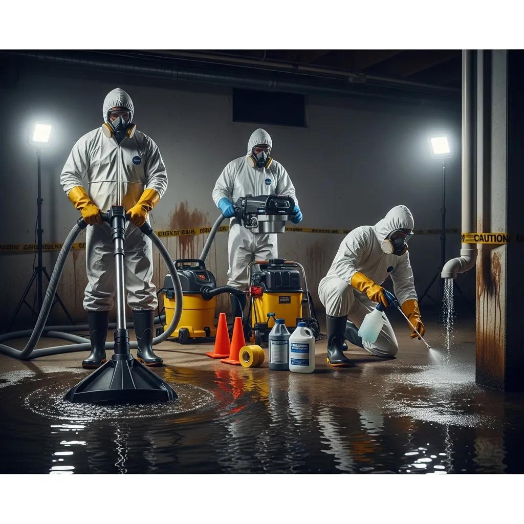 Professional sewage cleanup team addressing a sewage backup in a residential area