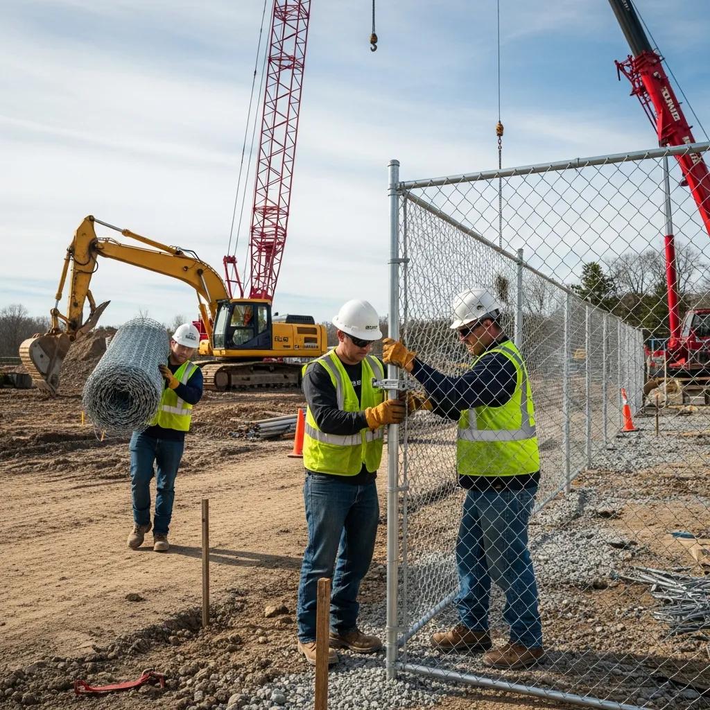 Professional temporary fence installation at a construction site with workers and equipment