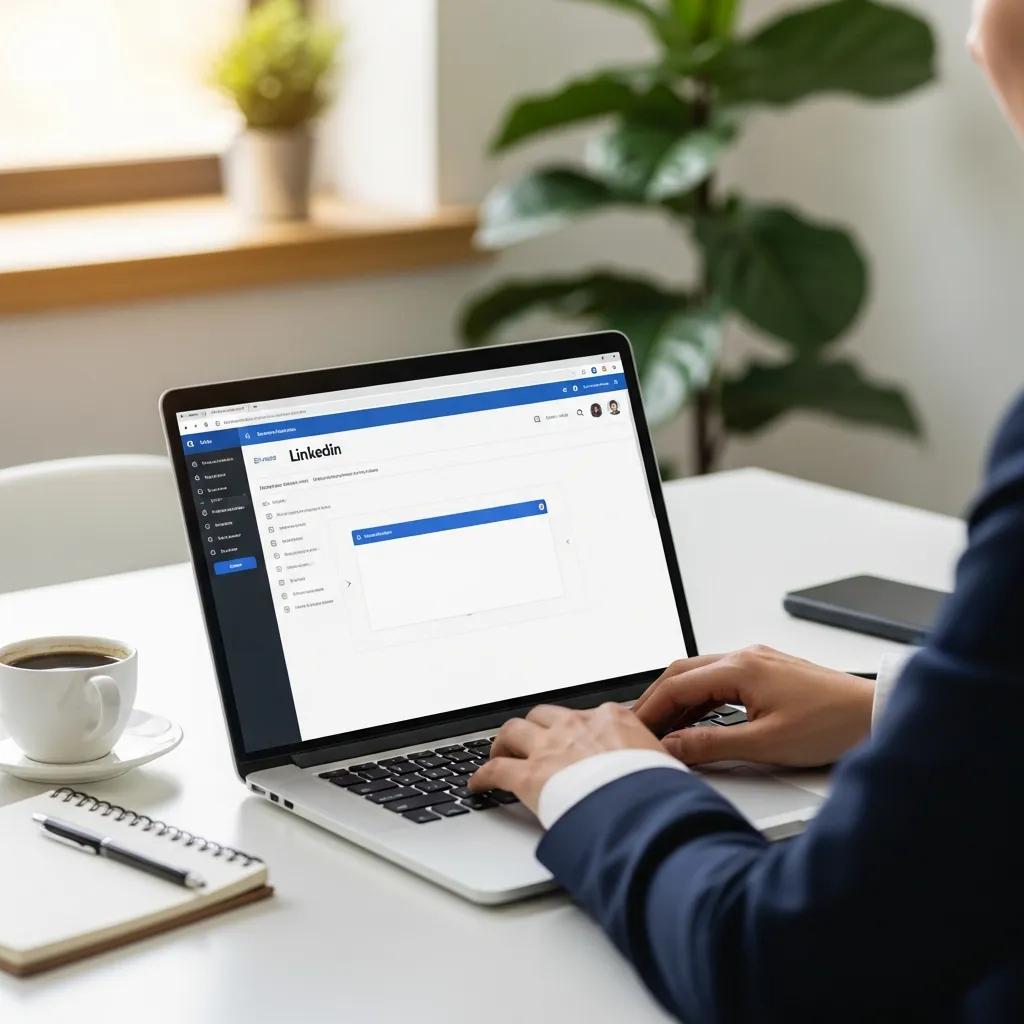 Professional using a laptop for LinkedIn automation in a modern workspace