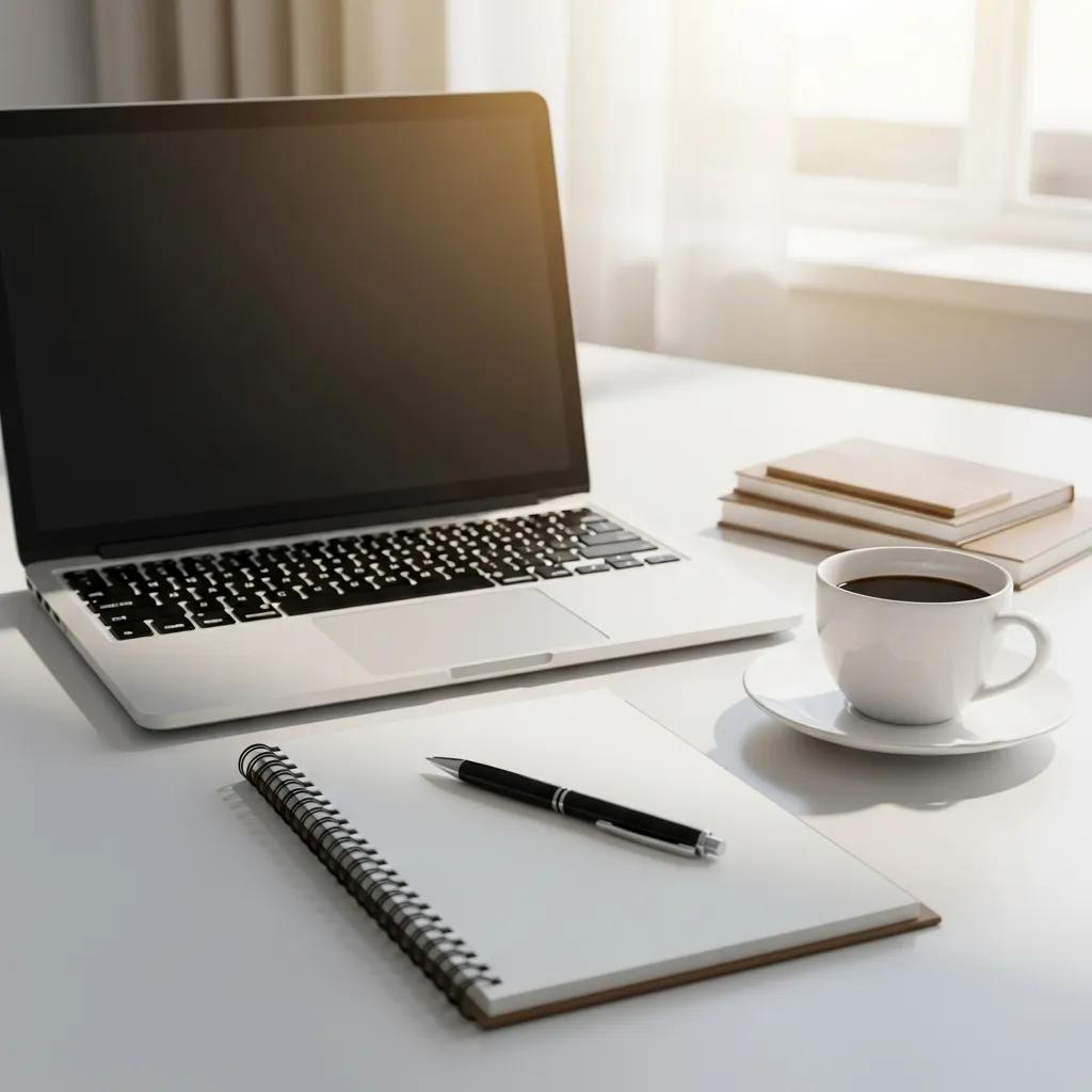 Professional workspace with a laptop, notepad, and coffee representing productivity