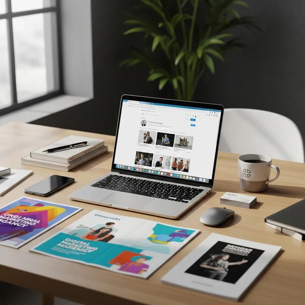 Professional workspace with a laptop showing LinkedIn, symbolizing marketing agency automation