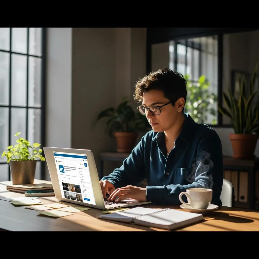 Professional workspace with a person using LinkedIn for automation