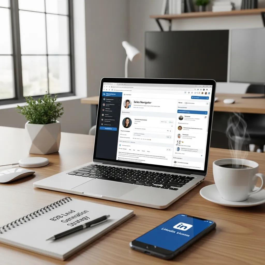 Professional workspace with laptop and LinkedIn interface, symbolizing B2B lead generation