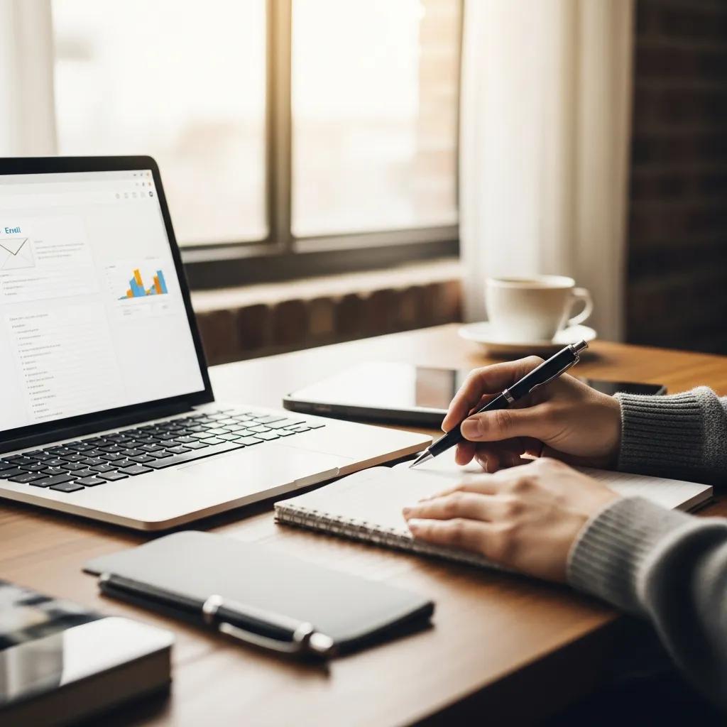 Professional workspace with laptop and notepad, emphasizing B2B cold email strategies
