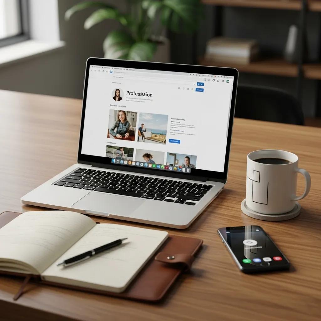 Professional workspace with laptop, notepad, and coffee, emphasizing LinkedIn outreach tools