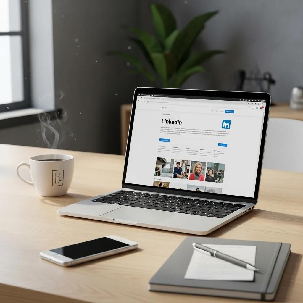 Professional workspace with laptop showing LinkedIn, symbolizing outreach automation