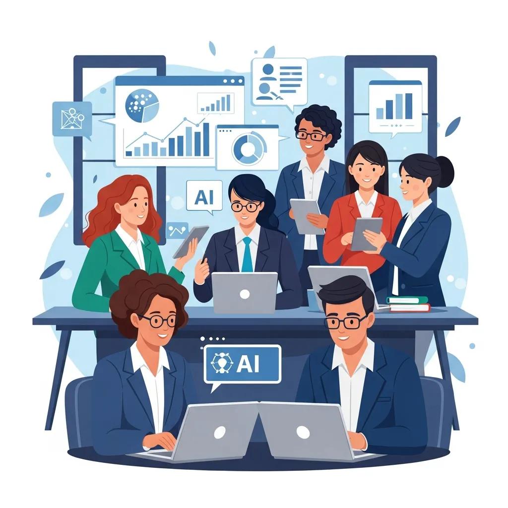 Professionals collaborating in a modern office, analyzing AI business evaluation data