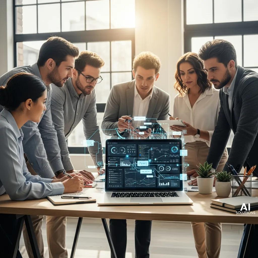 Professionals collaborating in a modern office, emphasizing AI technology in business