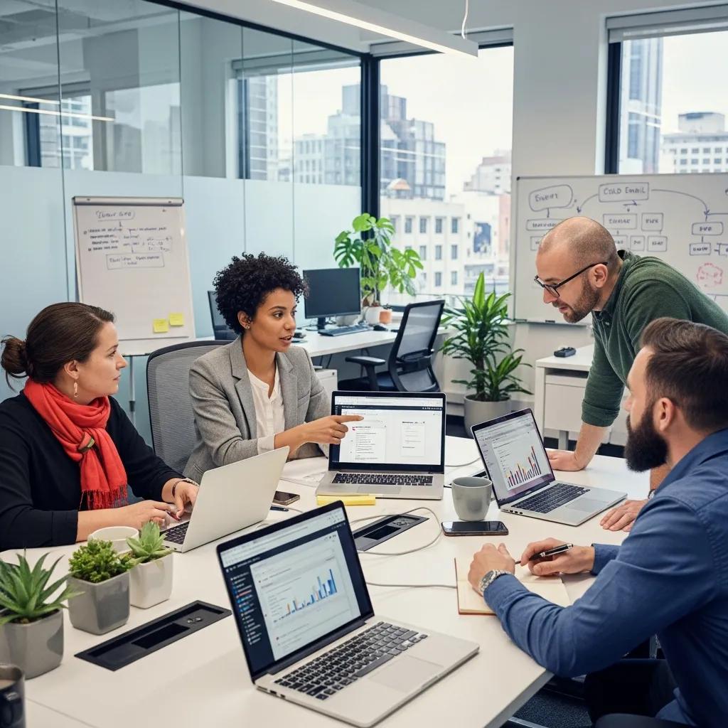 Professionals collaborating in a modern office on cold email strategies