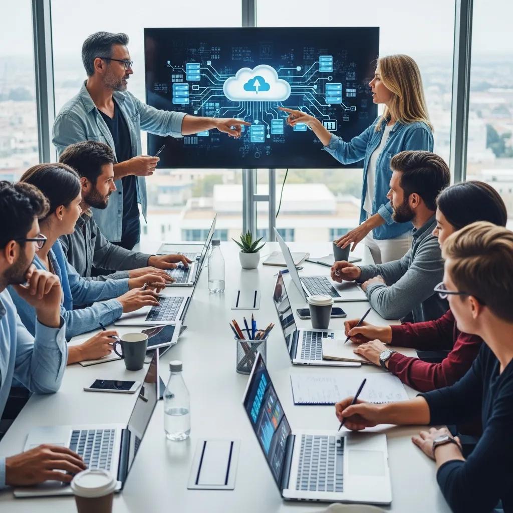 Professionals collaborating in a modern office setting with cloud technology