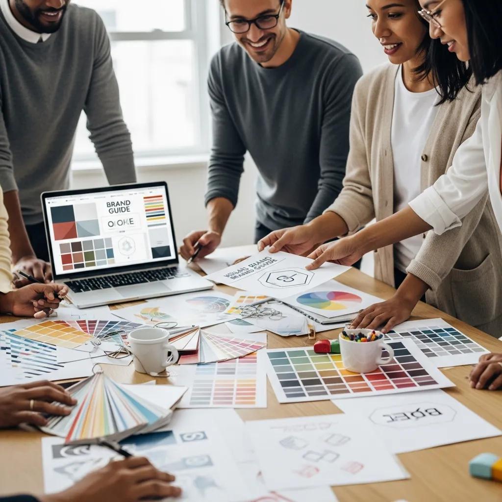 Professionals collaborating on a visual branding project with design elements and a brand style guide
