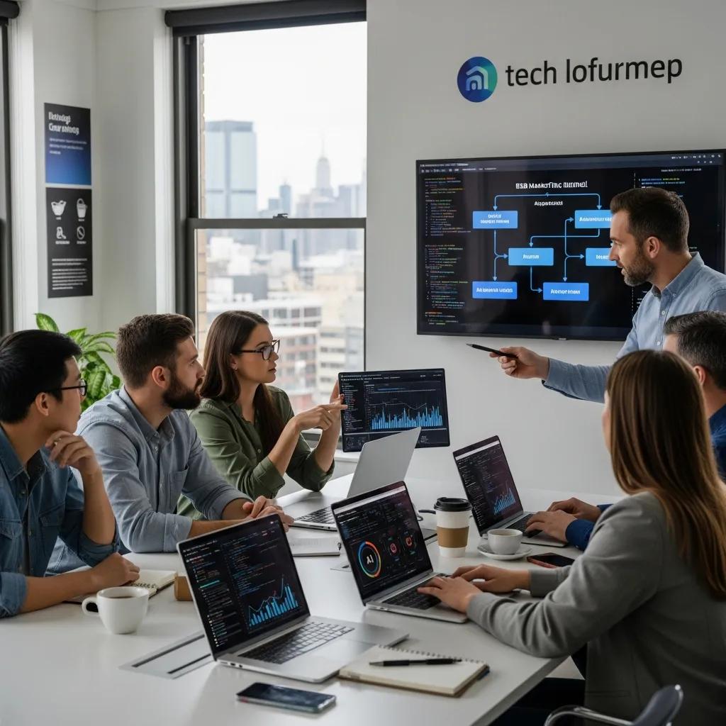 Professionals collaborating on AI-driven marketing strategies in a modern office