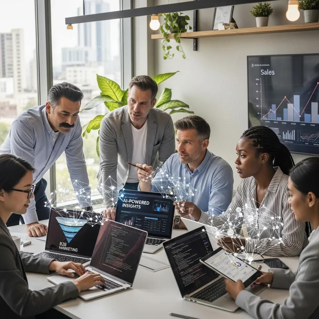 Professionals collaborating on AI strategies for B2B outreach in a modern office