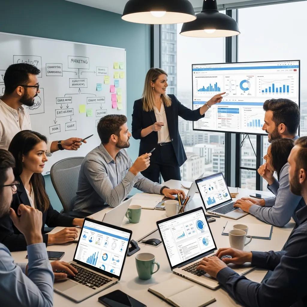 Professionals collaborating on B2B marketing automation strategies in a modern office