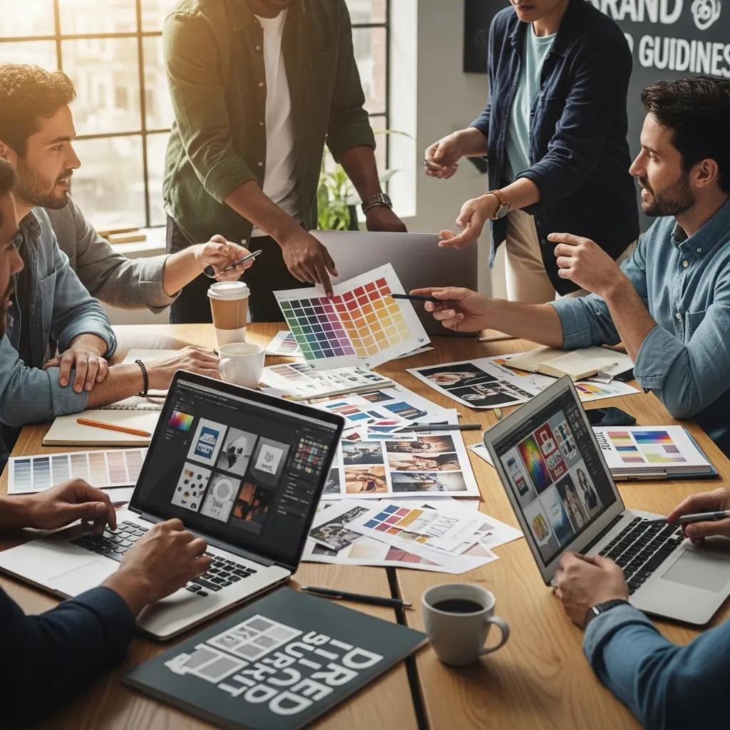 Professionals collaborating on brand guidelines in a modern workspace