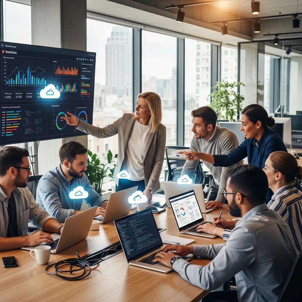 Professionals collaborating on cloud IT services in a modern office setting