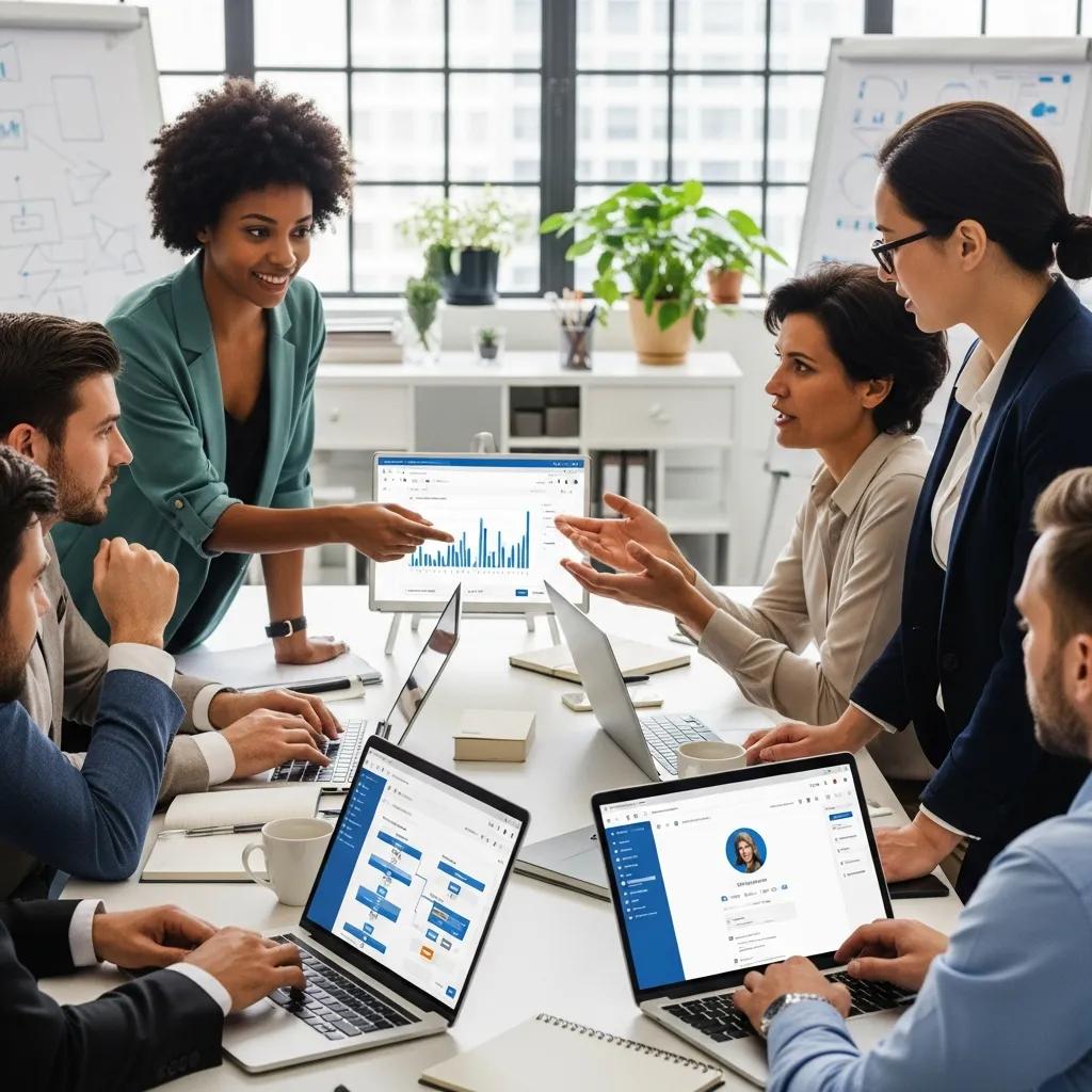 Professionals collaborating on LinkedIn automation tools in a modern office setting