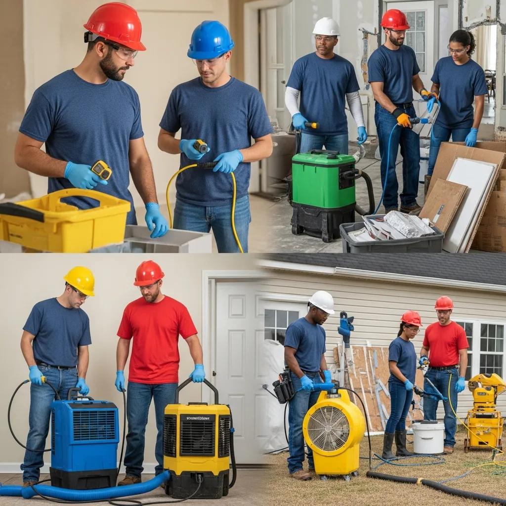 Property restoration experts assessing water damage in a home