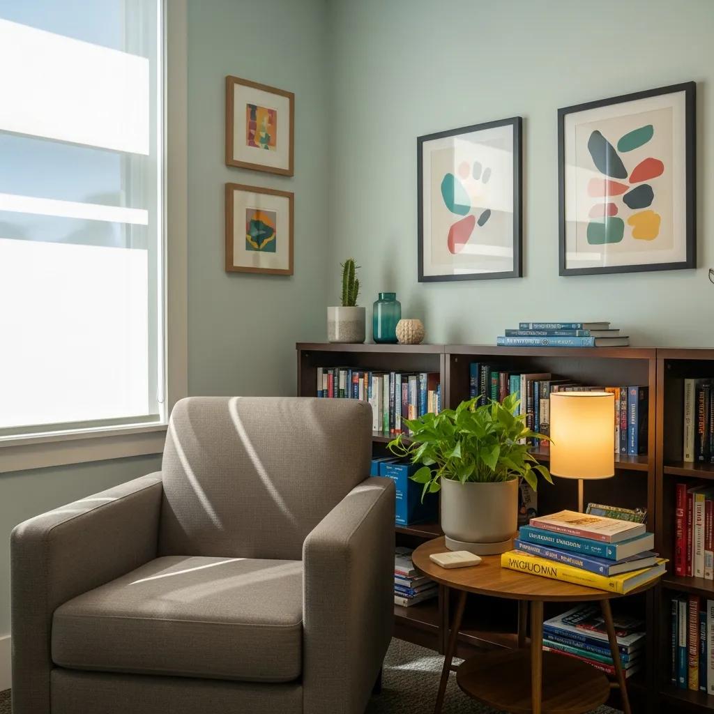 Psychologist's office with a comfortable chair and calming atmosphere, representing mental health marketing
