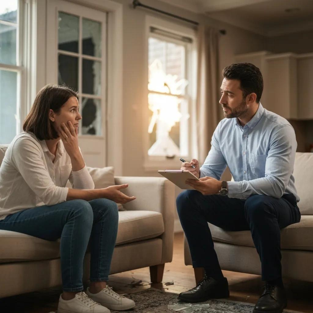 Public adjuster assisting a homeowner after a burglary, emphasizing support and guidance