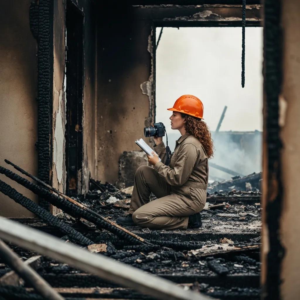 Public adjuster inspecting fire damage in a home, emphasizing professional assessment and documentation