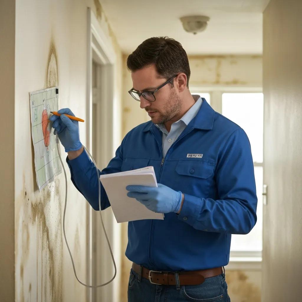 Public adjuster inspecting mold damage in a residential property with moisture mapping tools
