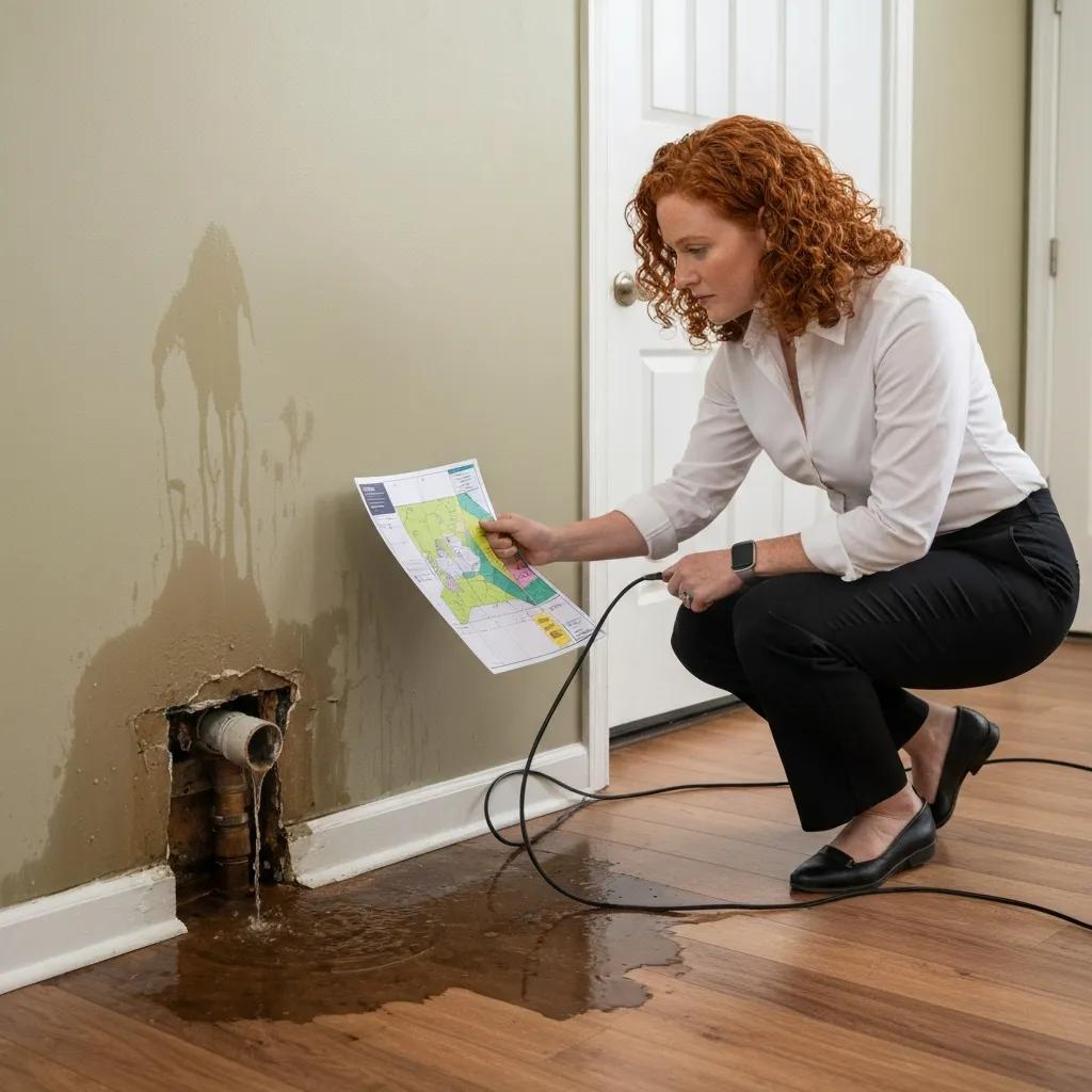 Public adjuster inspecting water damage from a burst pipe in a residential setting