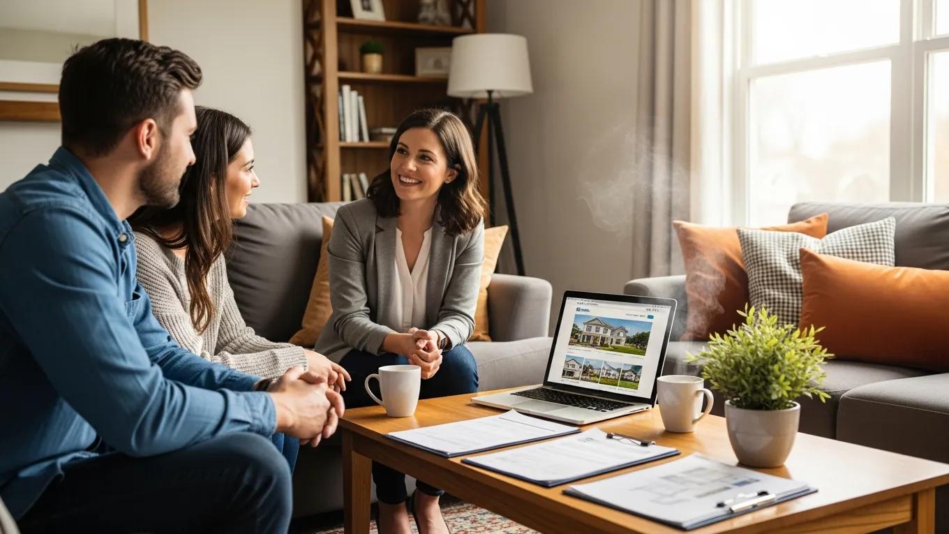 Real estate agent consulting with clients in a cozy living room setting