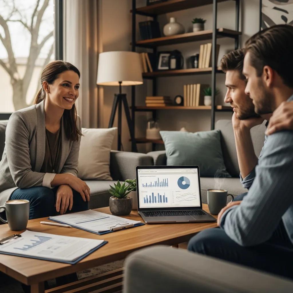 Real estate agent discussing fees with clients in a cozy living room setting