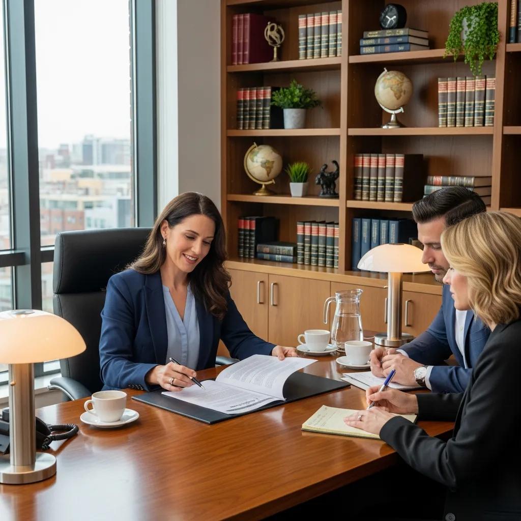 Real estate lawyer consulting with clients about property transactions in a modern office