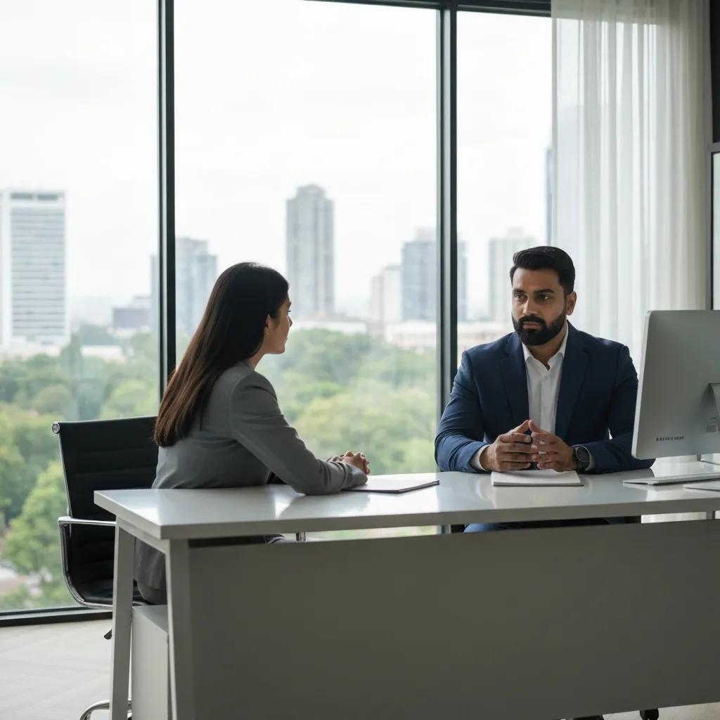 Real estate lawyer consulting with homebuyer in a cozy office setting