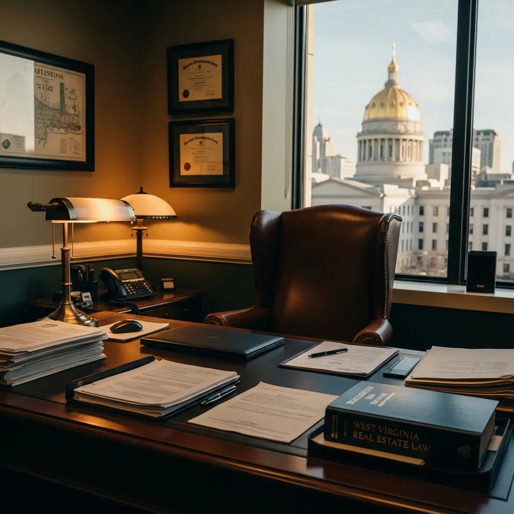 Real estate lawyer's office in Charleston, showcasing a professional environment with legal documents and local skyline