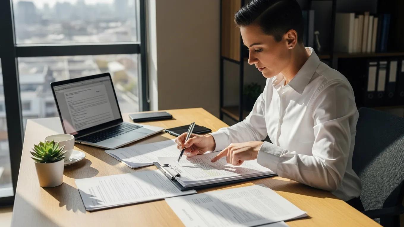Real estate professional reviewing property title documents in an office