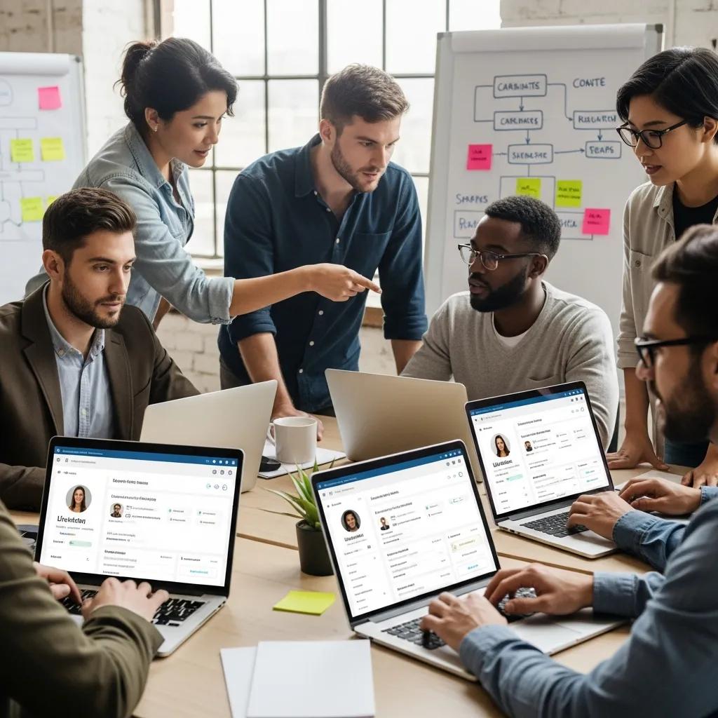 Recruitment team collaborating on LinkedIn automation tools in a modern office