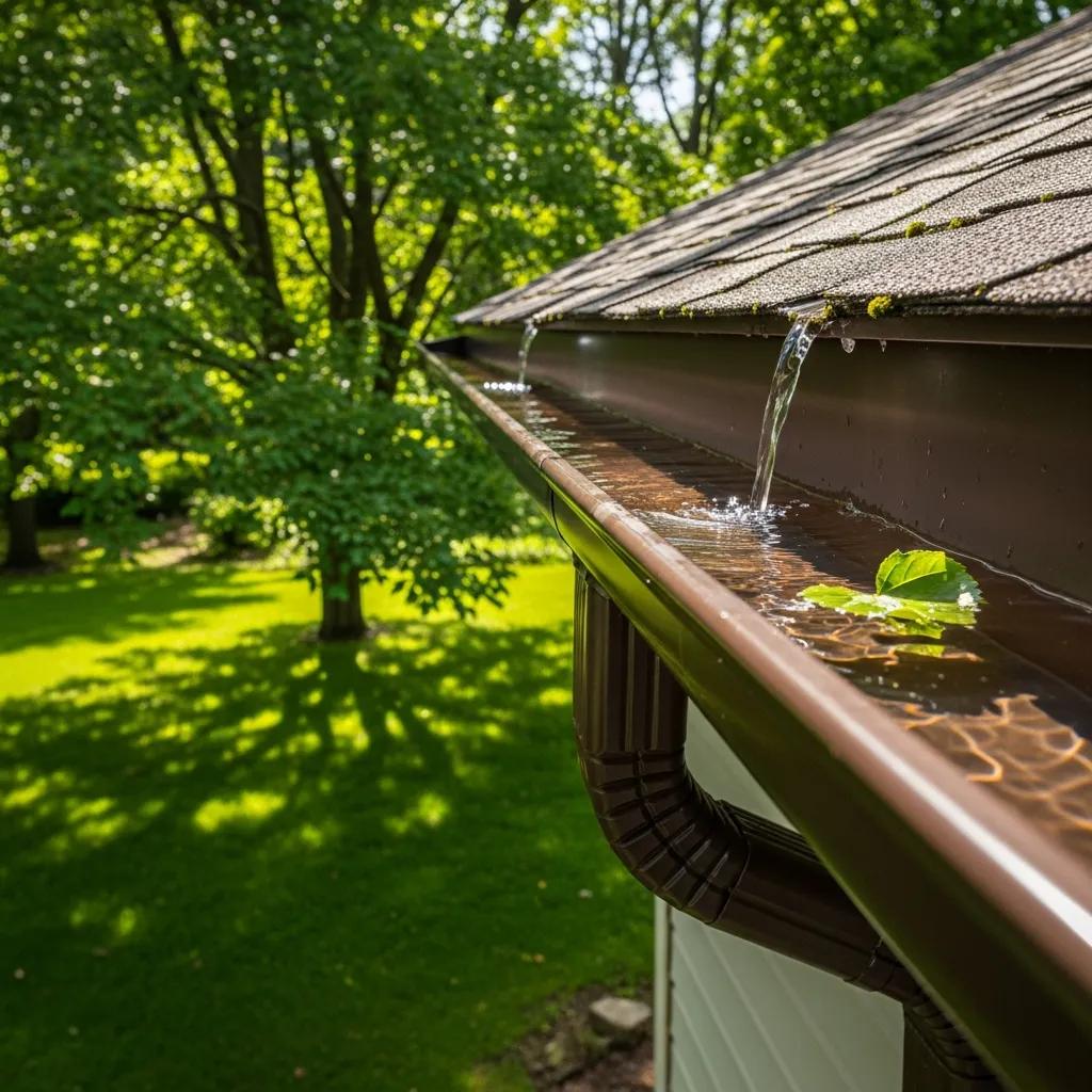 Residential gutter system with clear water flow, highlighting effective rainwater drainage